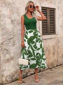 SHEIN Clasi 女式优雅度假风格印花阴阳拼接露背收腰连衣裙 - 綠色 - 查看 3