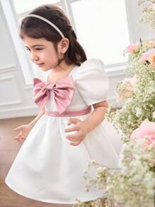 Elegant & Cute Babygirl Satin Bow Decor White Short Sleeve Dress Baby Girl Bow Dress Baby Girl White Dress Baby Girl Dress With Sash Baby Girl Puff Sleeve Dress Baby Girl Elegant Dress
