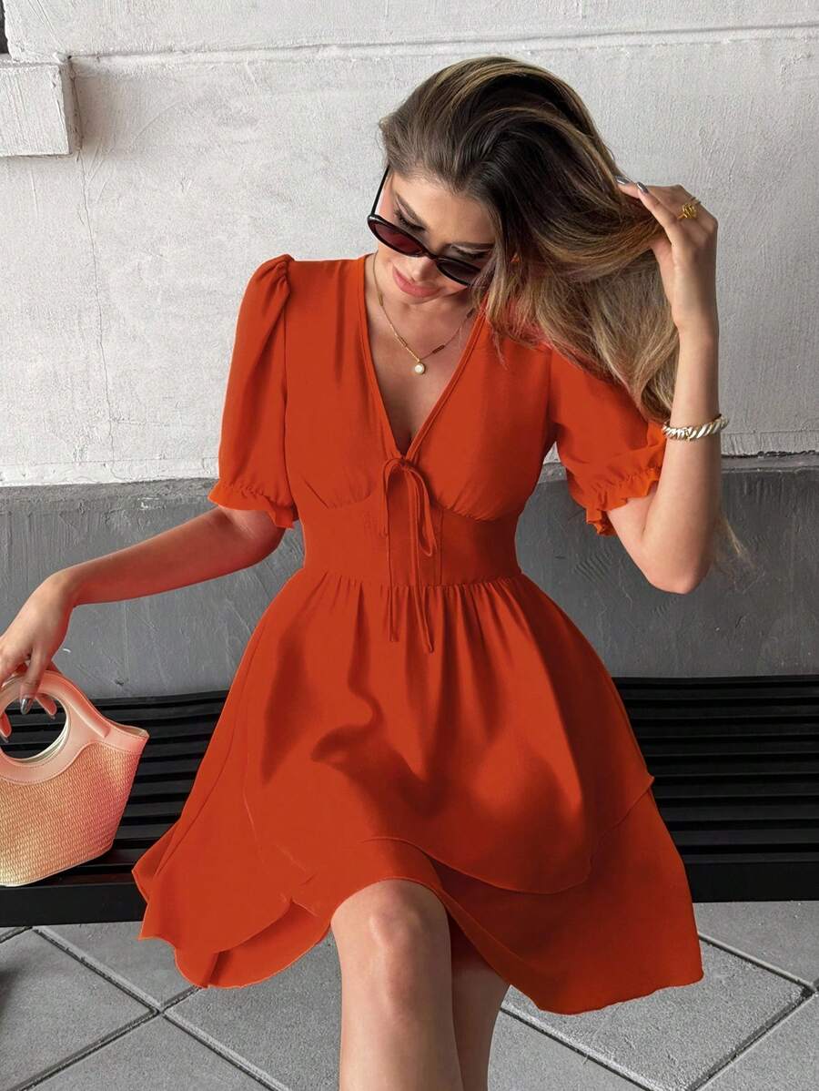 Franclia 夏季休闲纯色泡泡袖连衣裙，夏季连衣裙，学院风校服 - 橘色 - 查看 1