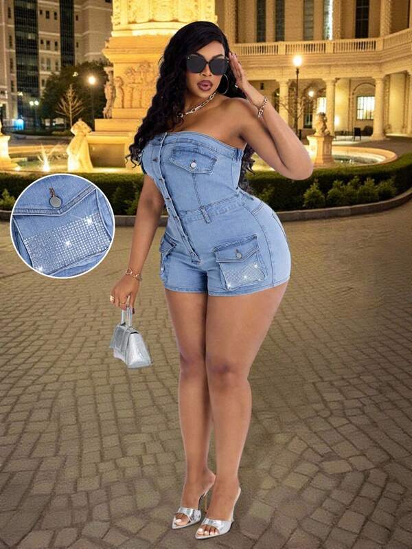 Maweii Plus Size Cowgirl Outfit Women Summer Blue Elastic Sexy Bandeau Jumpsuit