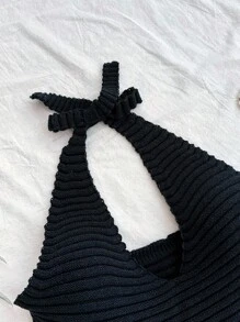 SHEIN Unity New Tassel Sexy Waist-Cinching Tie Neck Bow Mini Knit Dress, Elegant Commuting Fashion - Navy Blue - View 3