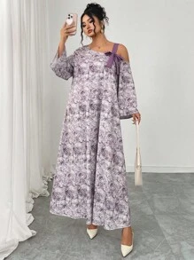 SHEIN Lacomfia 加大码秋季连衣裙，编织数字紫色蝴蝶结斜肩长袖宽松连衣裙 - 紫色 - 查看 4