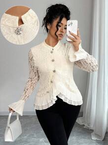SHEIN Clasi Plus Size Women's Fashion Casual Lace Ruffle Flare Sleeve T-Shirt Fall Cloth For Women - Apricot - View 6