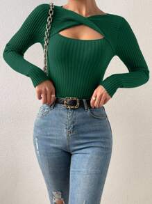 EMERY ROSE 纯色扭花镂空毛衣，长袖针织套头衫，秋冬毛衣 - 墨綠色 - 查看 6