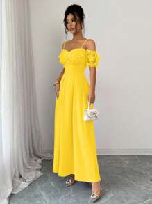 Elenzga Váy dạ hội chữ A sang trọng cổ điển thanh lịch, tay bồng cánh bướm, lưới 3D màu tím, eo khoét sâu, dây mảnh - Màu vàng - Xem 3
