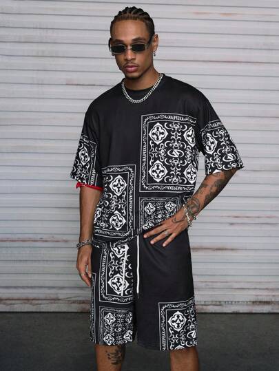 AXEPEAK Men's Lightweight Casual Digital Printed Round Neck Top And Pants 2-Piece Set, Summer