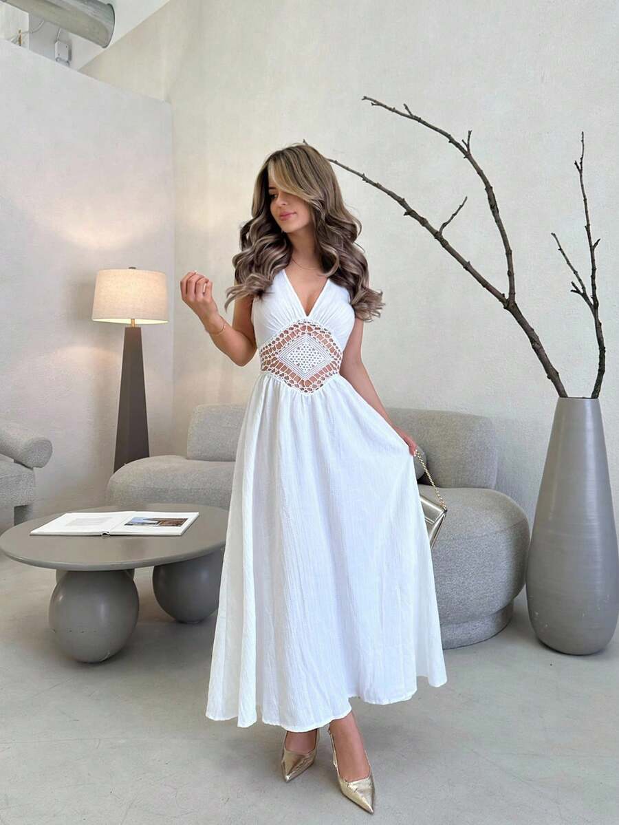 Jemour Textured V-Neck Halter Tie Backless Ruched Peplum A-Line Midi Dress For Vacation & Leisure,Sun Dress,For Summer Vacation,Women Summer Clothing