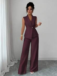 Elenzga Conjunto de oficina elegante para ir al trabajo y tomar el té de la tarde, compuesto por una chaqueta blazer sin mangas con cuello y bajo asimétrico, con decoración de hebilla metálica en la cintura, combinada con pantalones de cintura elástica, conjunto de 2 piezas, para primavera/verano