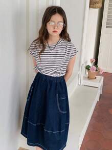 DAZY 2pcs Girls Summer Casual T-Shirt And Denim Skirt Set, Street Style - Blue - View 7