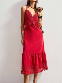 Bohemela Đầm midi không tay thêu bướm họa tiết ren trơn màu phong cách Boho Beach thanh lịch dành cho nữ - Đỏ - Xem 2