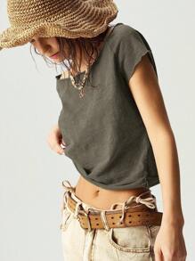 Bohemela Maglietta da donna a collo a barca in maglia tinta unita, aderente, lavata, top spalle scoperte, top spalle scoperte, top color cachi, top color terra, abbigliamento da donna color terra, top spalle scoperte