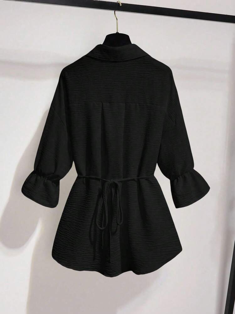 Franclia 女性用エレガントカジュアル ウエストタイ カフスリーブ オープンフロントシャツ 大学向け - ブラック - 見る 2