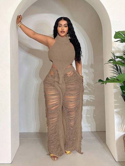 Maweii Conjunto de suéter para mujer talla grande, unicolor, blanco, chaleco de halter + R+, pantalones sexys, conjunto de ropa casual sexy para fiesta, vacaciones, verano, outfit para mujeres