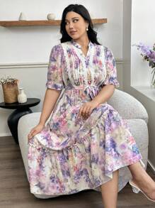 Modelyn Plus Size Elegant Floral Print Notched Neck Short Sleeve Dress - Multicolor - View 6