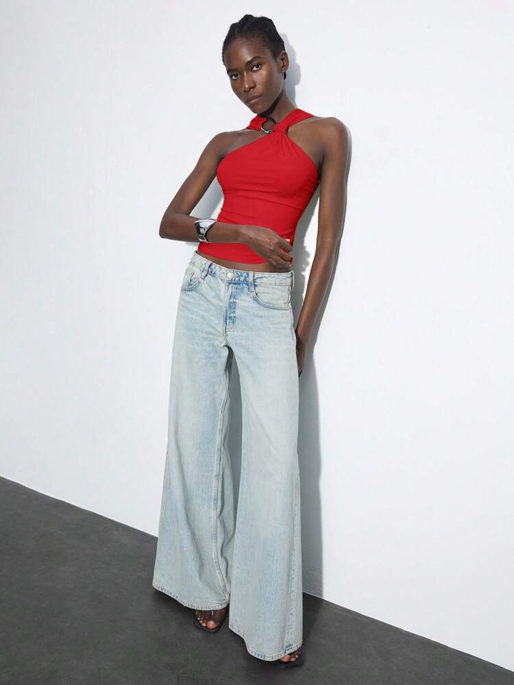 SHEIN Maija Women's Red Asymmetric Metal Twist Halter Neck Sleeveless Fitted Camisole, Sexy & Versatile For Daily, Party, Business Casual Occasions, Shoulder Exposed Top Rave Festival Halloween Halloween Christmas Going Out Tops Women Going Out Tops Going Out Going Out Tops For Going Out