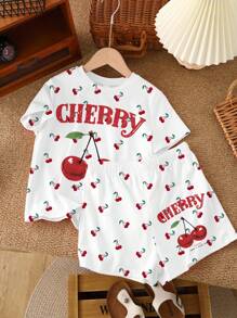 SHEIN Vintage Sport Cute Cherry Print, Mini Cherry Print, Summer , Tween Girls Casual Minimalist Short Sleeve Top And Shorts 2 Pieces Set, Suitable For Summer Cherry Clothes Cherry Two Piece Set Teen Girl Clothes Short Set 14y Girl Clothes Short Set Preppy Two Piece Set - Multicolor - View 2