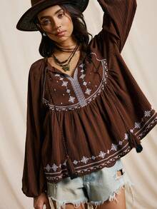 Easelle Áo cánh tay đèn lồng thêu họa tiết phong cách nghỉ dưỡng giản dị cho nữ, mùa xuân/thu - màu nâu - Xem 8