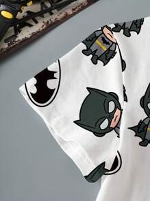 BATMAN X SHEIN 男童休闲蝙蝠与卡通图案圆领短袖T恤，夏季 - 白色 - 查看 4