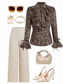 Solivie Women's Elegant Romantic Black & White Polka Dot Ruffle Trim Collar Flare Sleeve Long Sleeve Ruffle Cuff Button Front Blouse,Fall