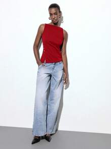 Maija Women's Red V-Neck Cold-Shoulder Camisole, Solid Color Ruched Asymmetric Hem Side Slit Fashionable Versatile Casual Blouse For Urban, Business Casual - Red - View 5