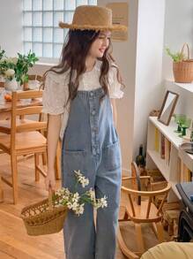 Hapijoa 青少年女孩日常休闲牛仔背带连体裤 - 藍色 - 查看 3