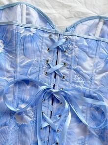 Soleia 复古宫廷风格彩色花卉提花印花吊带短款上衣，带纽扣和系带，适合女士，度假紧身胸衣上衣蓝色花卉紧身胸衣淡蓝色紧身胸衣上衣蓝色夏季紧身胸衣女士紧身胸衣蓝色紧身胸衣女士返校，返校季，毕业季 - 藍色 - 查看 7