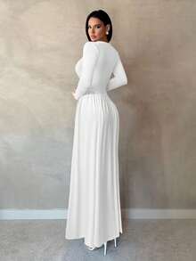 SHEIN Tall فستان كاجوال صيفي بأكمام طويلة مزين بلمسات مختلفة الألوان وياقة مستديرة وأكمام راجلان - أبيض - مشاهدة 2