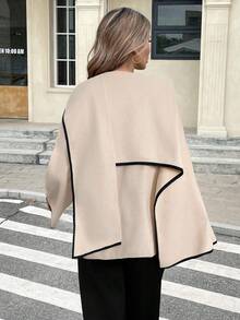 Serisse 女士休闲落肩羊毛大衣，带围巾领，保暖，适合秋季、冬季、新年、派对、婚礼、毕业典礼等场合，优雅休闲，领口设计大衣 - 杏色 - 查看 2