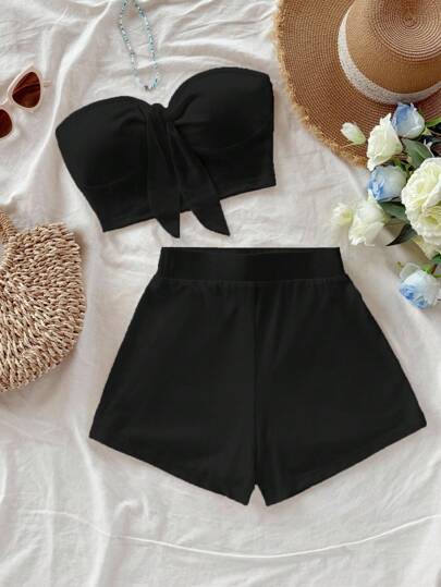 Soleia 2pcs/Set Women Solid Color Casual Crop Top And Shorts Set, Suitable For Summer Vacation And Beach Women Vacation Outfits Two Pieces Shorts Set Women Women Two Pieces Vacation Set Suitable For Going Out Women Two Pieces Shorts Set