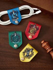 HARRY POTTER X SHEIN 4 Pcs Logo Printed PU Leather Cable Organizer, Suitable For Organizing Power Cords, Data Cables, Headphones, Metal Buttons For Easy Use, Back To School