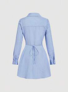 SHEIN MOD 女式蓝白条纹长袖商务连衣裙