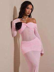 Opulessa 女式纯色针织网眼露肩长袖连衣裙 - 粉色 - 查看 5
