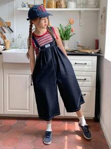 Hapijoa 2 件套 Tween Girl 女童条纹圆领短袖 T 恤 + 牛仔背带裤/连体裤套装，秋季 - 彩色 - 查看 1