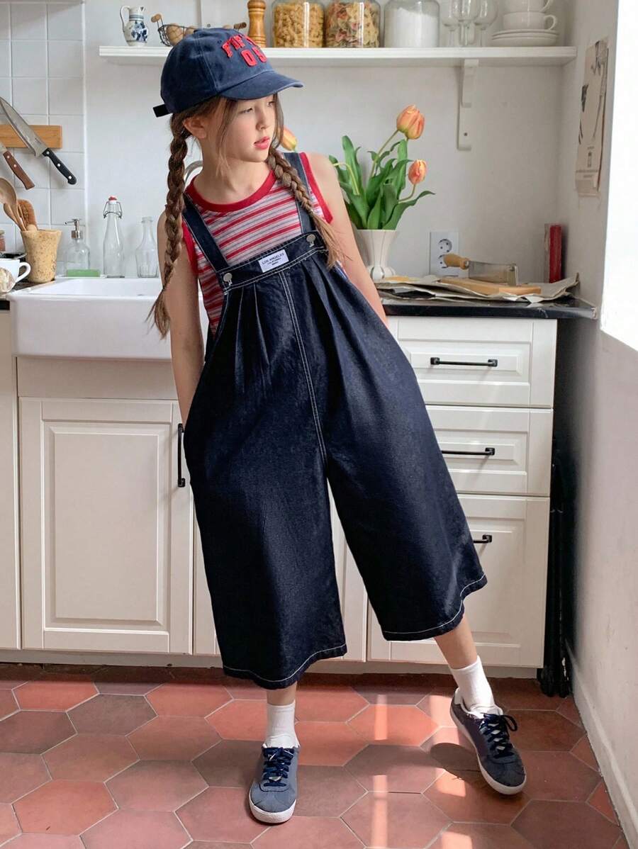 Hapijoa 2 件套 Tween Girl 女童条纹圆领短袖 T 恤 + 牛仔背带裤/连体裤套装，秋季 - 彩色 - 查看 1