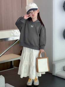 DAZY 女童连帽针织保暖蝴蝶印花长袖卫衣，秋季款 - 深灰色 - 查看 2