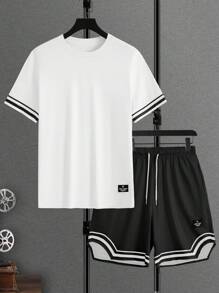 Manfinity Homme 男士字母条纹圆领短袖休闲T恤和抽绳腰短裤套装 - 彩色 - 查看 5
