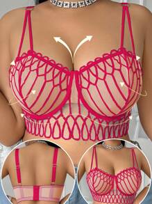 SHEIN 1 pieza Sujetador con aros y parches de malla para tallas grandes - Rosa Fucsia - Ver 3