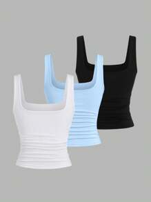 Sweetra 3 chiếc áo ba lỗ cổ vuông màu trơn đơn giản mùa hè dành cho nữ - Nhiều màu - Xem 2