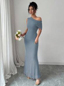 Modelyn Đầm lưới cổ lệch không tay thắt eo thanh lịch cho nữ - Xám Xanh - Xem 5