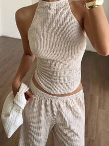 SHEIN EZwear Women's Apricot Knitted Textured Halter Neck Top And Pants Set - White - View 3