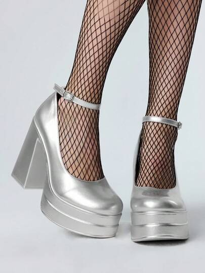 Grunge Punk Women's Silver High Heels, Suitable For Casual, Punk, And Campus Wear