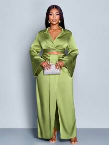 SOLERSUN 大码秋冬新款亮面缎面纯色衬衫领蝴蝶结荷叶边喇叭袖短款上衣搭配褶裥侧开衩直筒裙两件套，优雅商务休闲性感日常音乐会嘉年华毕业派对时尚女装