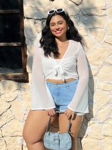 SHEIN EZwear Plus Size Women White Mesh Sheer Flared Sleeve Twist Knot Front Cardigan Winter Fall Autumn - White - View 3