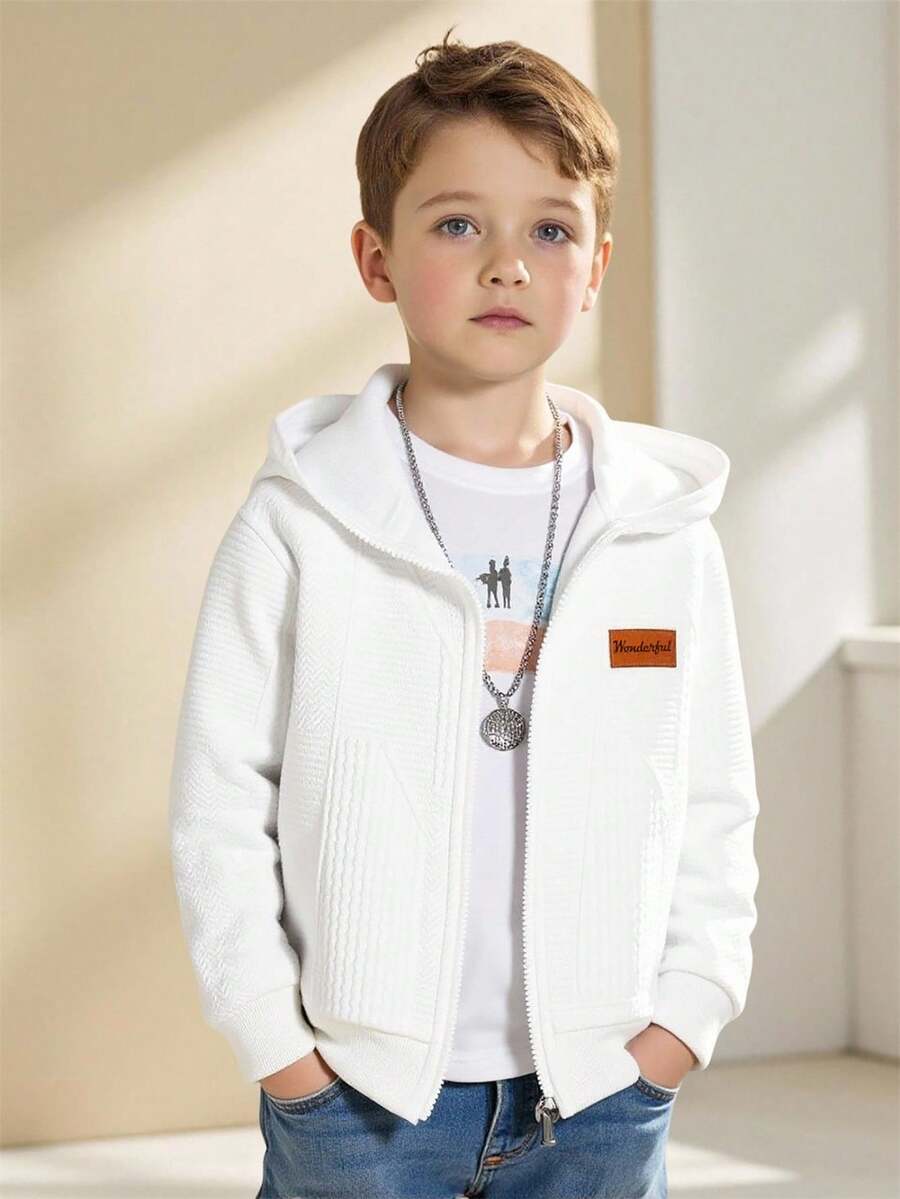 Genkimix Kids 1 件装年轻男孩简约纹理纯色全拉链连帽夹克,外套,秋冬新品,适合日常穿着、户外、校园和返校季 - 白色 - 查看 1