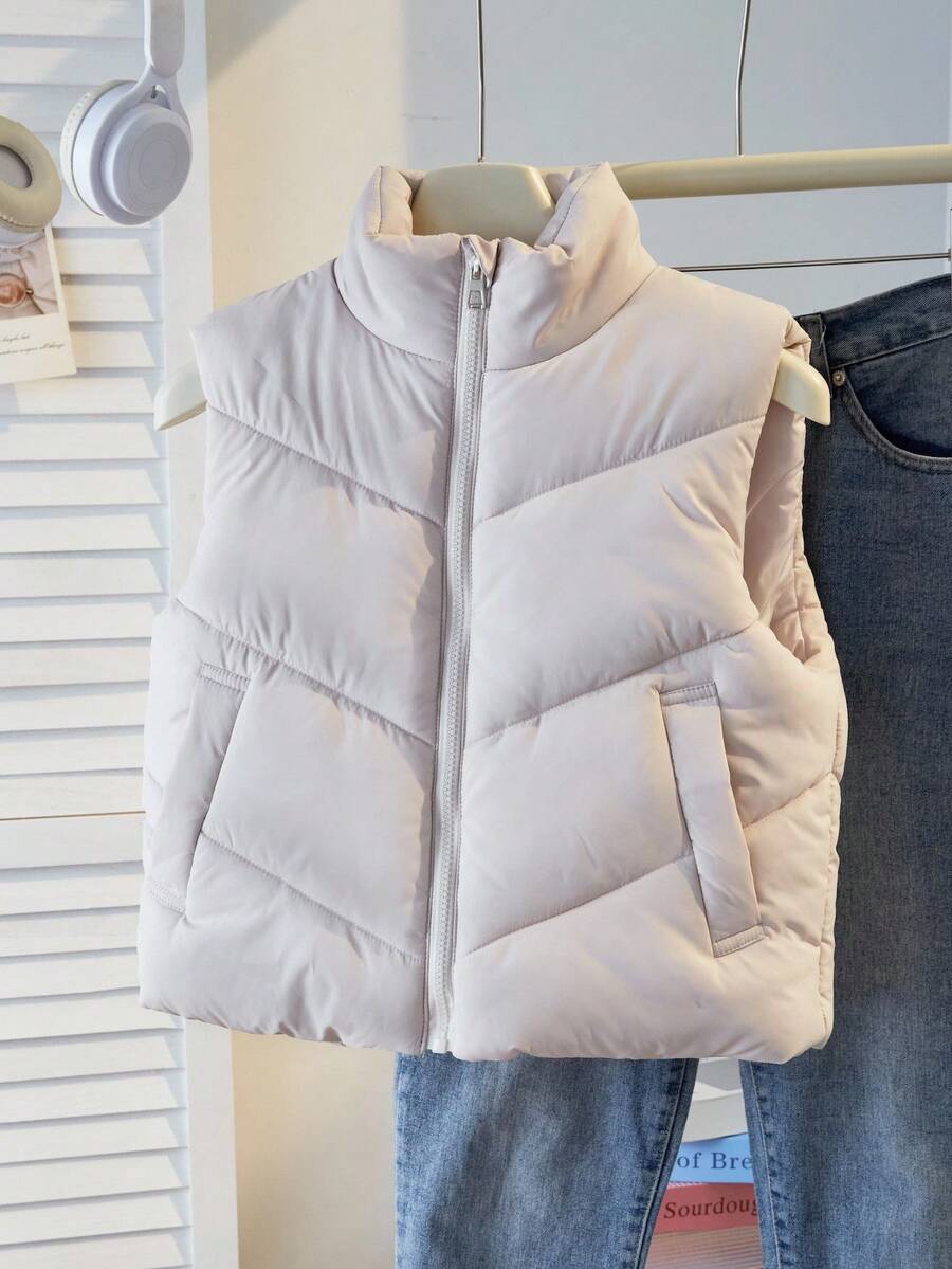 Sparklyn 女童绗缝背心，带拉链和口袋，适合外出、度假和返校穿着，秋冬季节。 - 杏色 - 查看 1