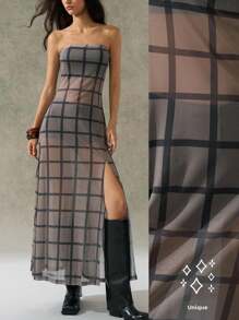 LYSMO 2025 Nouvelle arrivée Minimalisme Automne Femmes Créateur Robe longue fendue à carreaux sans bretelles Retour à l'école, Bal de promo, Style années 2000, Vêtements Femmes Y2K, Vêtements de rue femme et vêtements uniques - Multicolore - Voir 3