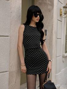 Sweetra Váy ngắn thanh lịch không tay nhún eo chấm bi cho nữ, mùa xuân/hè - màu đen - Xem 7