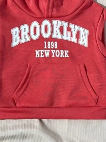 SHEIN Playful Pals 2pcs/Set Infant/Baby Boys Casual Outfit, Including 1pc White Hoodie Knit Letter Print Sleeveless Pocket Vest + 1pc Blue Elastic Waist Pocket Denim Shorts, Suitable For Casual, Sports, Daily Wear, Outings, Travel,Red Hooded Knitted Baby Boys Hoodie Co-Ord With Letter Print And Pocket Detail, Baby Boy Clothes Fall Winter - Red - View 8