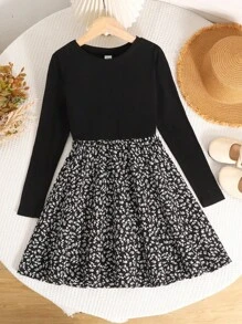 SHEIN 秋冬假日款青少年女童休闲花卉拼布针织圆领长袖连衣裙 - 黑色 - 查看 7
