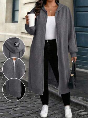 SHEIN CURVE+ Plus Size Dames Donkergrijs Casual Veelzijdige Lange Hoodie voor Herfst/Winter